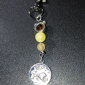 Leo Zodiac Charm Zipper Pull with Gold Rutilated Quartz. Honey Calcite, Tigers E